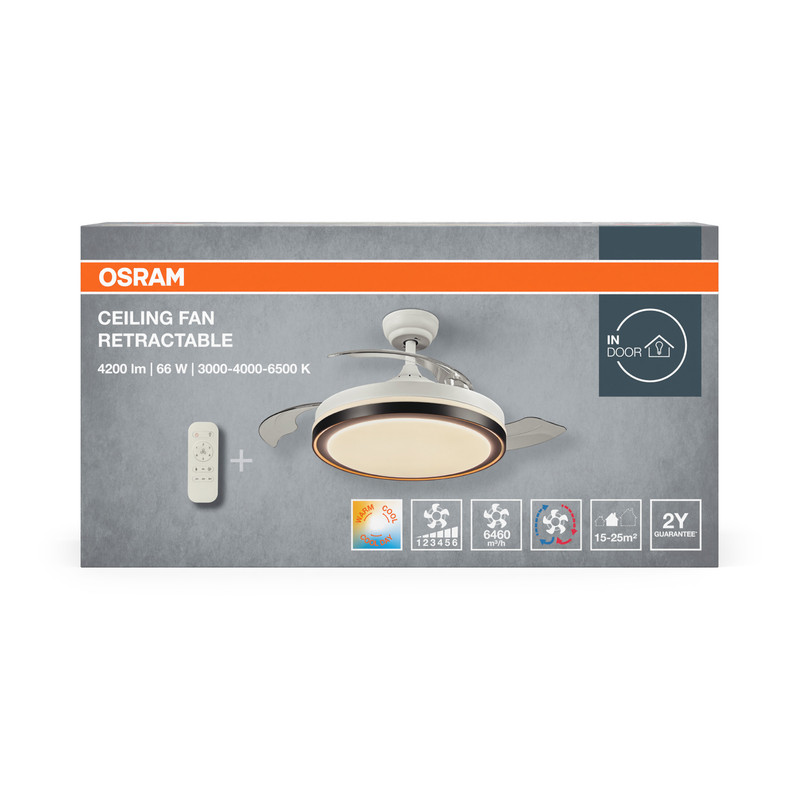LED светильник потолочный с вентилятором 36W 230V 4200lm 3000-6500K IP20 ø490x385mm DIM пульт управления [4099854506789] Ledvance Ceiling Fan Retractable