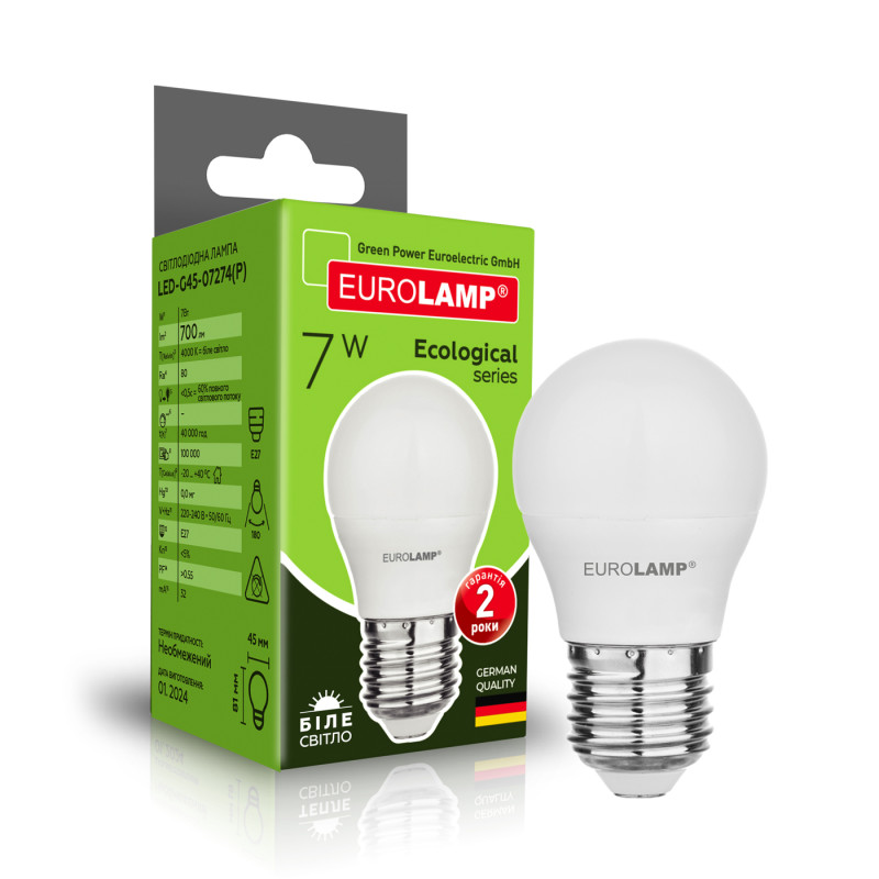 Лампа светодиодная 7W 220V 700lm 4000K E27 45x81mm шар [4262380665033] EUROLAMP LED-G45-07274(P)