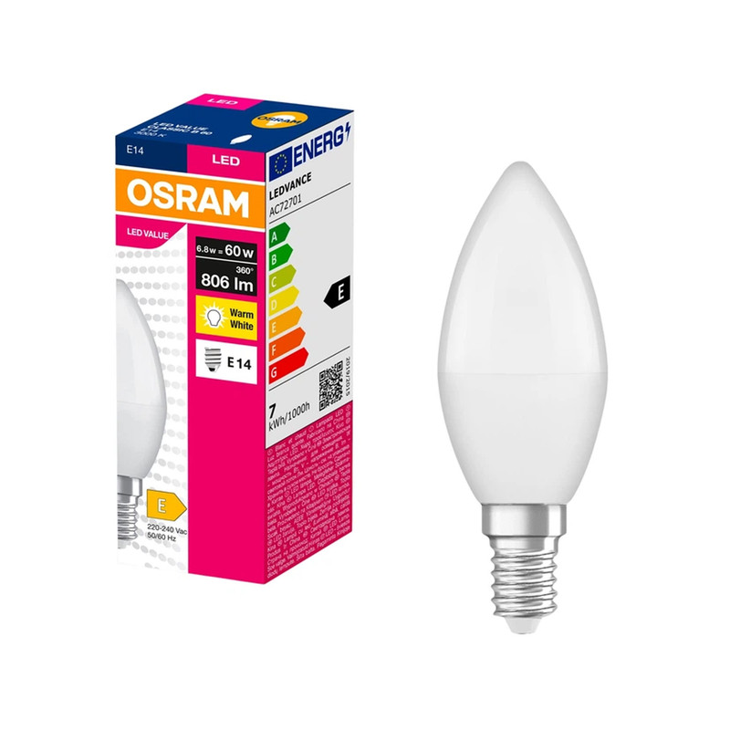 Лампа LED 6,8W 230V 806lm 3000K E14 38x110mm свічка [4058075628625] Value CL B60 Osram