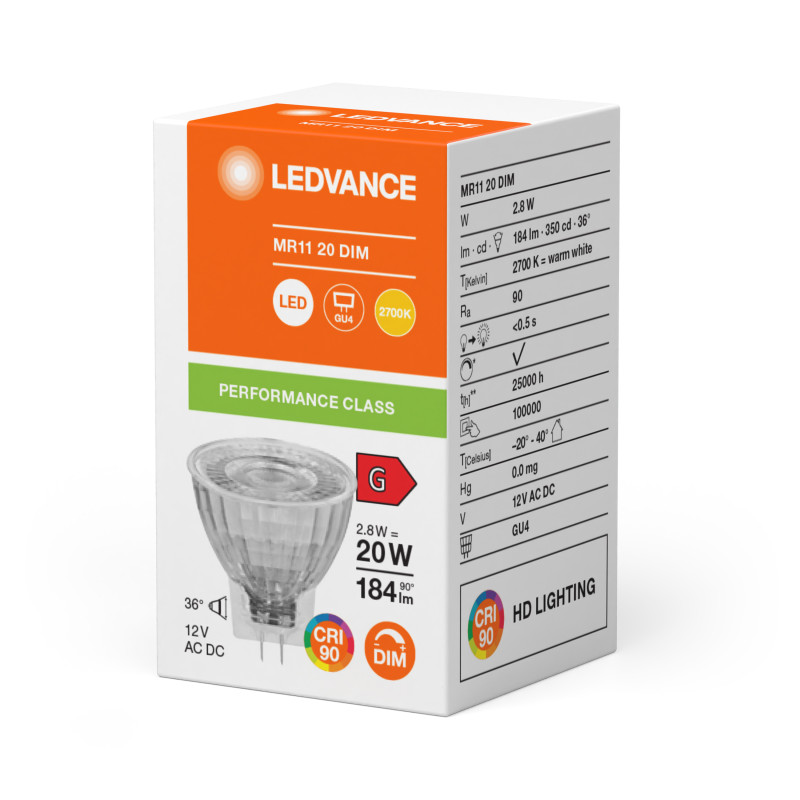 Лампа светодиодная 2.8W 12V 184lm 2700K GU4 35x38mm DIM рефлекторная [4099854050206] LEDVANCE LED MR11 DIM P