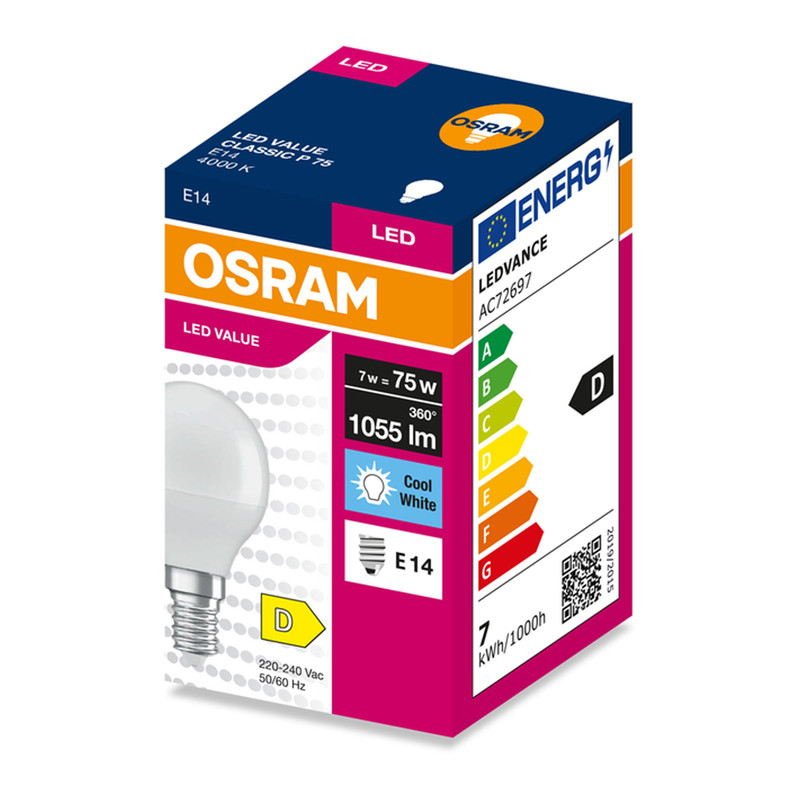 Лампа светодиодная 7W 230V 1055lm 4000K E14 45x77mm шар [4099854547577] LED VALUE CL P75 OSRAM