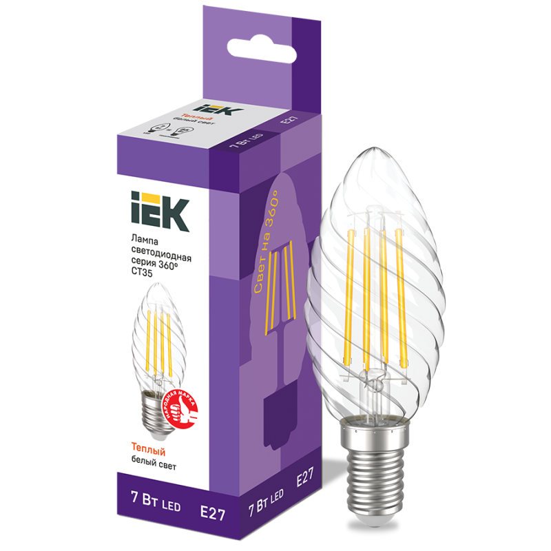 Лампа светодиодная винтажная 7W 220V 3000К E27 35x97mm филаментная [LLF-CT35-7-230-30-E27-CL] серия 360° УЕК