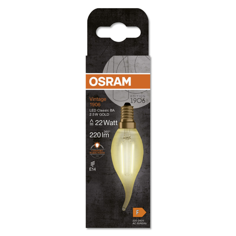Лампа светодиодная 2.5W 220V 220lm 2400K E14 35x121mm филаментная [4099854091537] OSRAM Vintage 1906 LED CLASSIC B