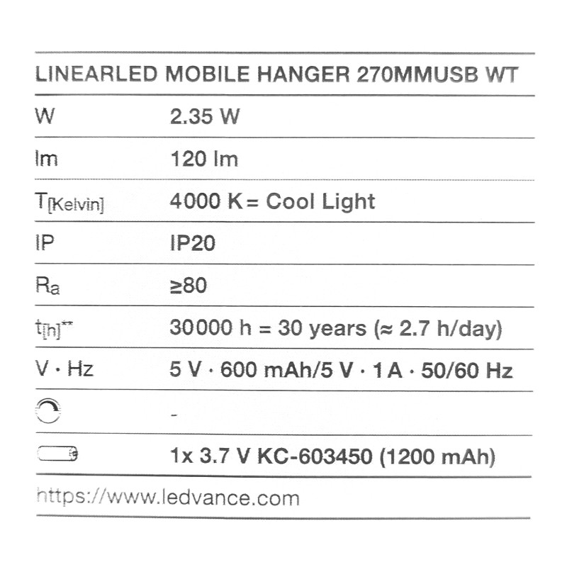 Светильник 2.35W 5V 120lm 4000K 1200mAh 270х47х15mm [4058075504363] LEDVANCE LINEARLED MOBILE HANGER