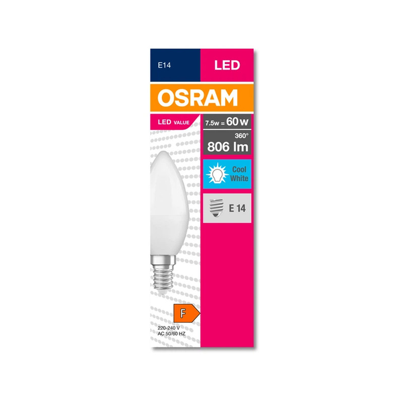 Лампа LED 6,8W 230V 806lm 4000K E14 38x110mm свічка [4058075311886] Value CL B60 Osram