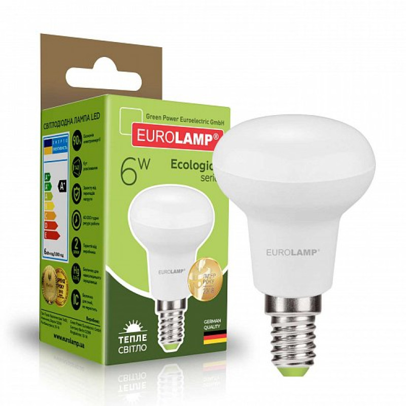 Лампа светодиодная 6W 220V 480lm 3000K Е14 50х88mm гриб [4260484998637] LED-R50-06142(P) EUROLAMP