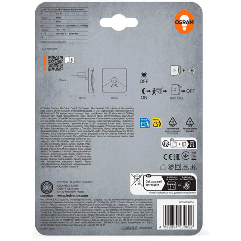 Ночник 0.30W RGB 230V 62x62x62mm [4099854530692] Osram LUNETTA SQUARE с сенсором движения и света