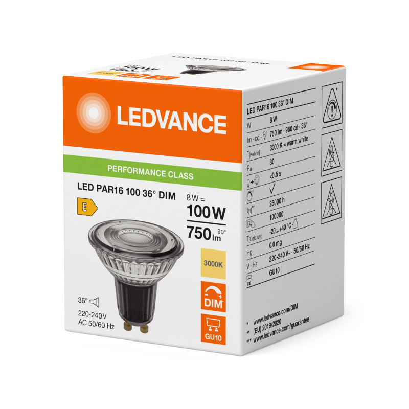 Лампа LED 8W 230V 750lm 3000K GU10 DIM 50x52mm рефлекторная [4099854456473] Ledvance PAR16