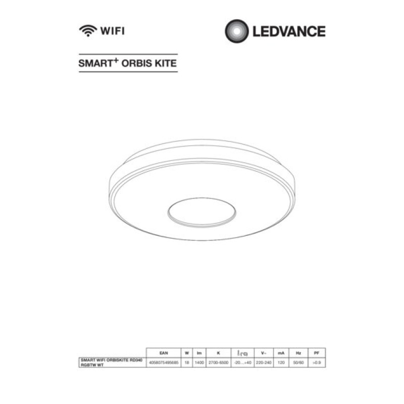 SMART потолочный светильник 18W 220V 2300lm 2700-6500K RGB WIFI 340х80х340mm [4058075495685] Ledvance Kite DIM