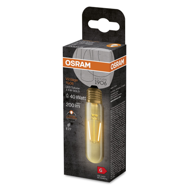 Лампа светодиодная 2.5W 220V 200lm 2000K E27 32x127mm филаментная [4099854091858] OSRAM Vintage 1906 LED SPECIAL