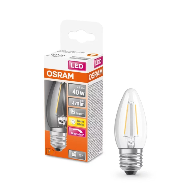 Лампа светодиодная филаментная 4.8W 220V 470lm 2700K E27 DIM 35х95mm свеча [4058075446878] LED CL OSRAM