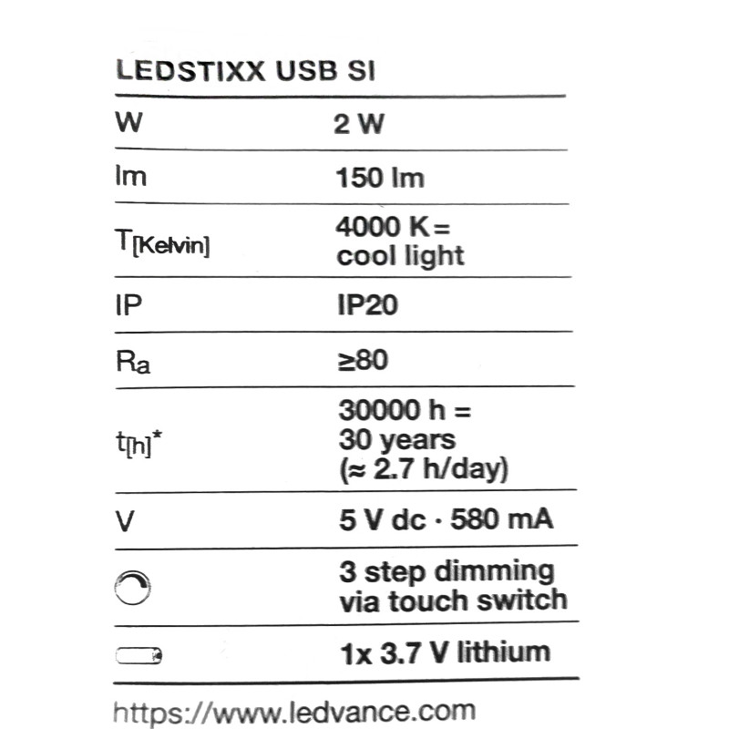Нічник 2.00W 5V 150lm 4000K 580mAh 206x17mm DIM [4058075399723] Ledvance LEDSTIXX USB змінює становище