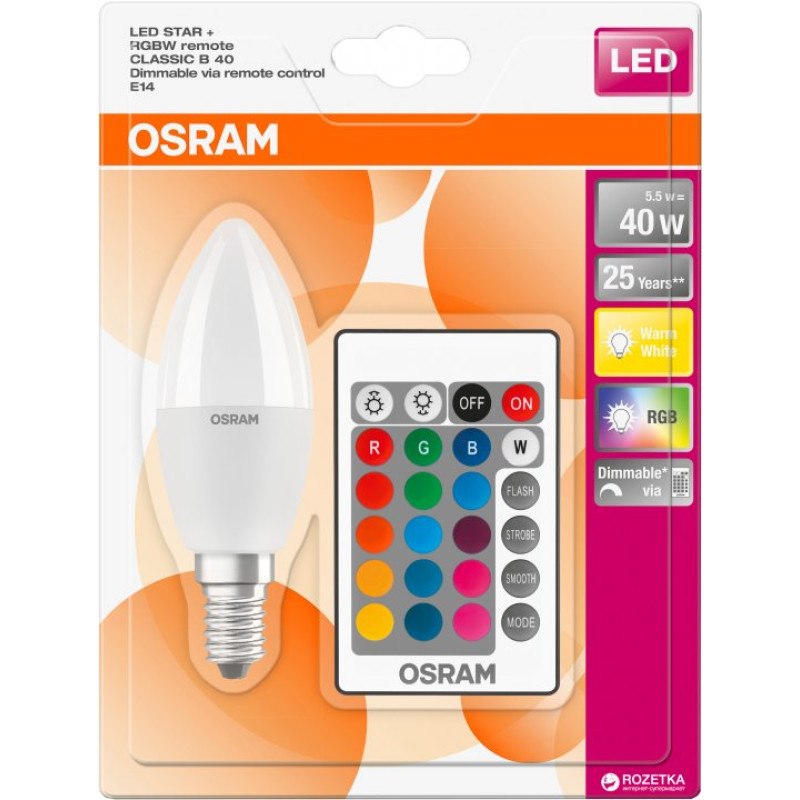 RGBW Лампа с пультом LED 5.5W 220V 2700K E14 DIM 107x37mm [4058075430853] OSRAM Retrofit lamps with control
