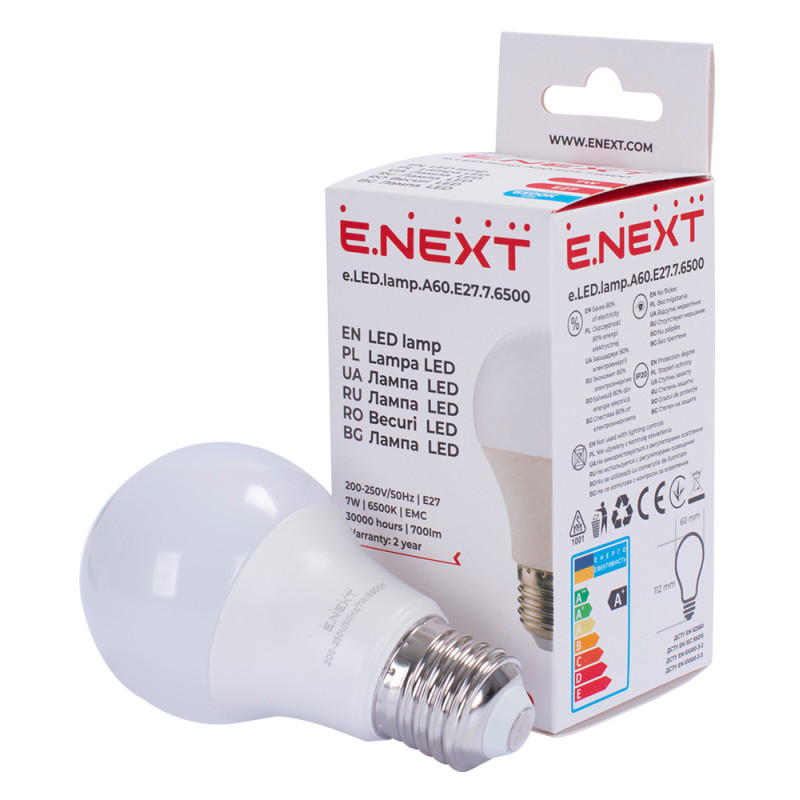 Лампа LED 7W 220V 700lm 6500K E27 60x112mm груша [l0650624] E.NEXT e.LED.lamp.A60.E27.7.6500