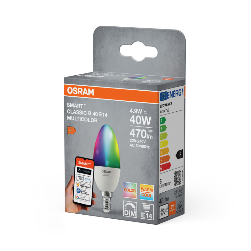 SMART WiFi RGB Лампа LED 4,9W 230V 470lm 2700-6500K E14 DIM 39x115mm [4099854461330] Osram MATTER Classic