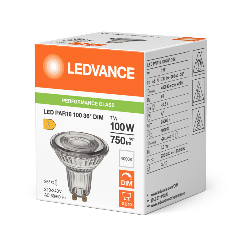 Лампа LED 7W 230V 750lm 4000K GU10 DIM 50x52mm рефлекторная [4099854456497] Ledvance PAR16