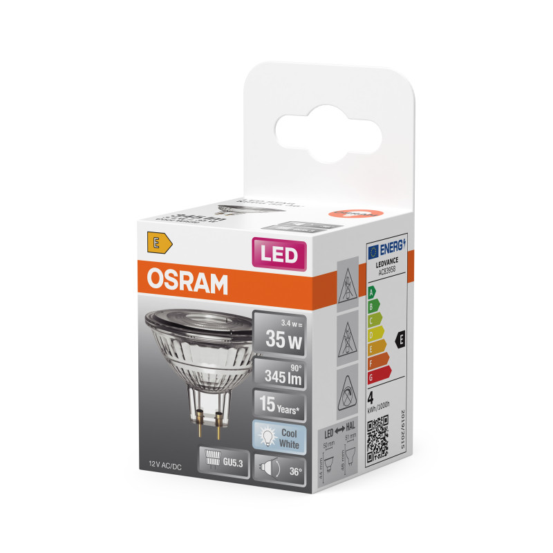 Лампа светодиодная 3,4W 12V 345lm 4000K GU5.3 50x44mm рефлекторная [4099854458309] LED MR16 OSRAM
