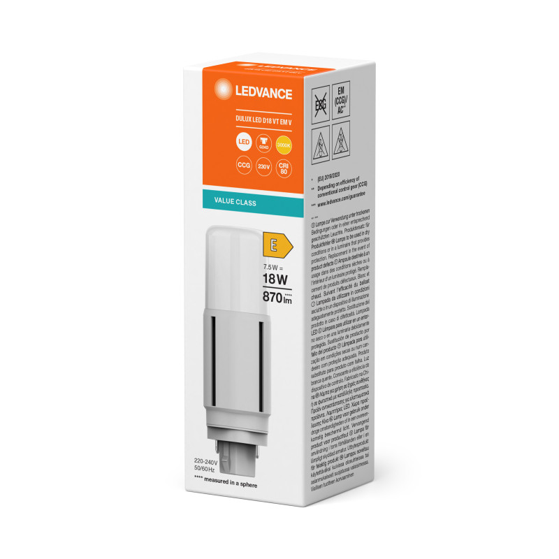 Лампа LED 7.5W 220V 870lm 3000K G24d 117х38mm пряма [4058075821859] LEDVANCE DULUX LED D VT EM & AC MAINS V