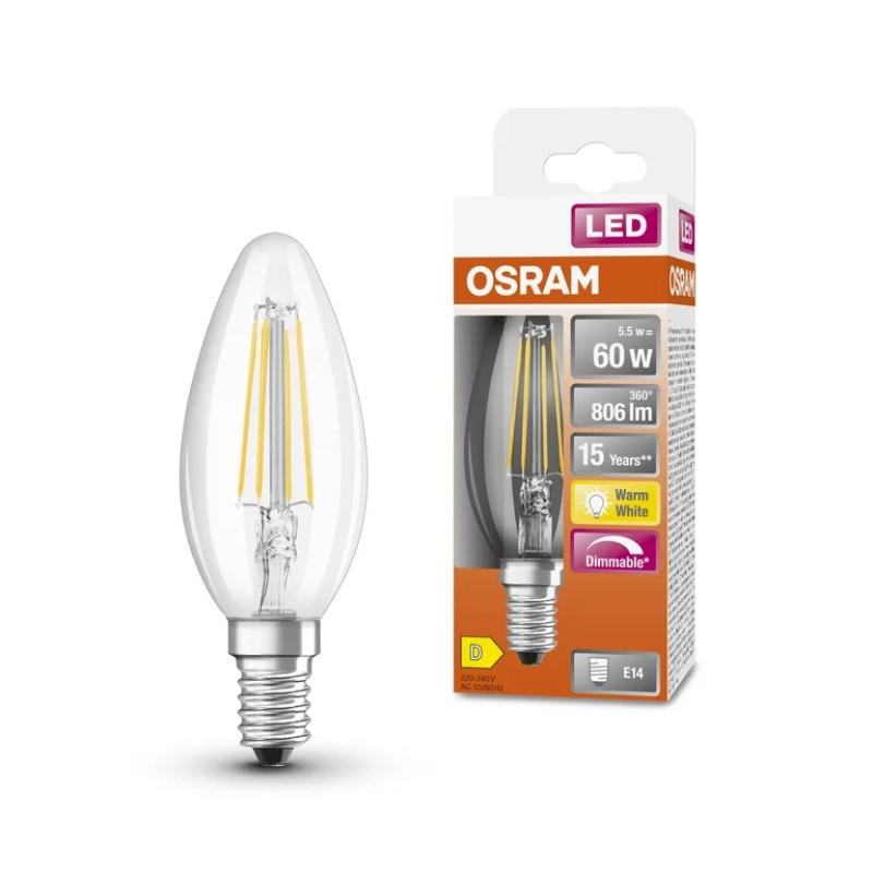 Лампа светодиодная филаментная 5.5W 220V 806lm 2700K E14 DIM 35х135mm свеча [4058075654471] LED CL OSRAM