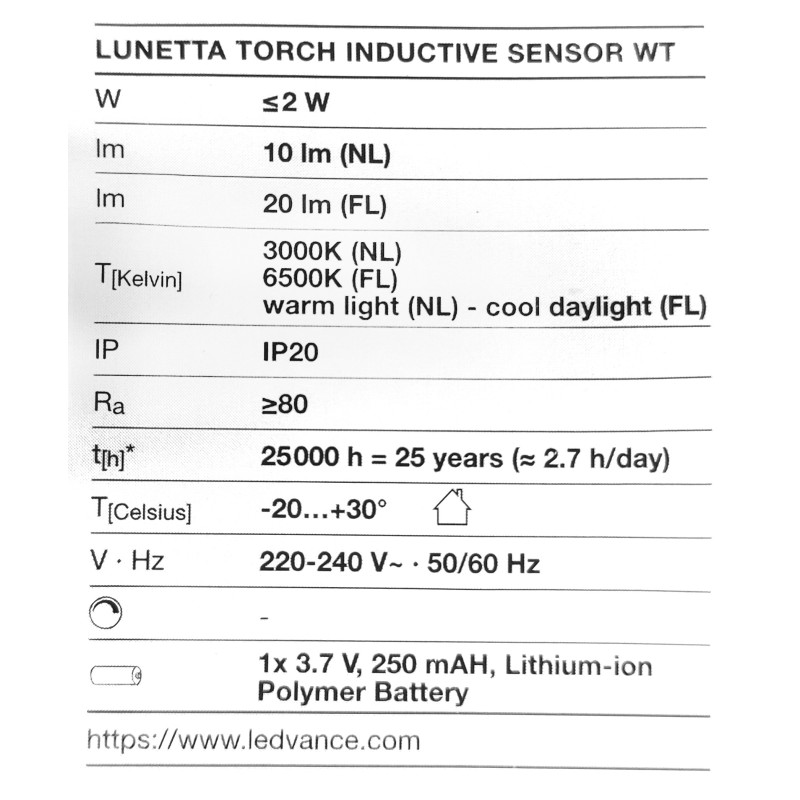 Ночник-фонарь 2.00W 220V 10-20lm 3000-6500K 250mAh 63x122x79mm [4058075759404] Ledvance LUNETTA TORCH