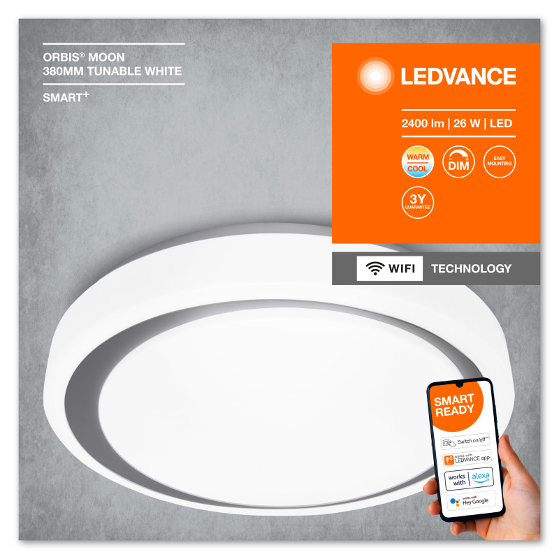 SMART потолочный светильник 26W 220V 2400lm 3000-6500K TW WIFI 380х85х380mm [4058075486409] Ledvance Moon DIM