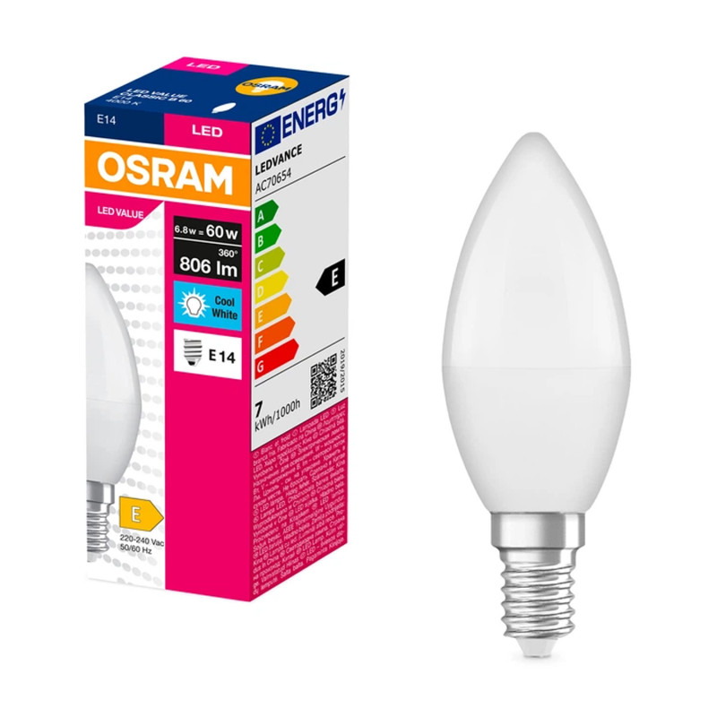 Лампа LED 6,8W 230V 806lm 4000K E14 38x110mm свічка [4058075311886] Value CL B60 Osram