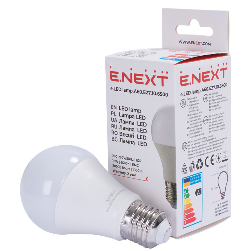 Лампа LED 10W 220V 1000lm 6500K E27 60x112mm груша [l0650625] E.NEXT e.LED.lamp.A60.E27.10.6500