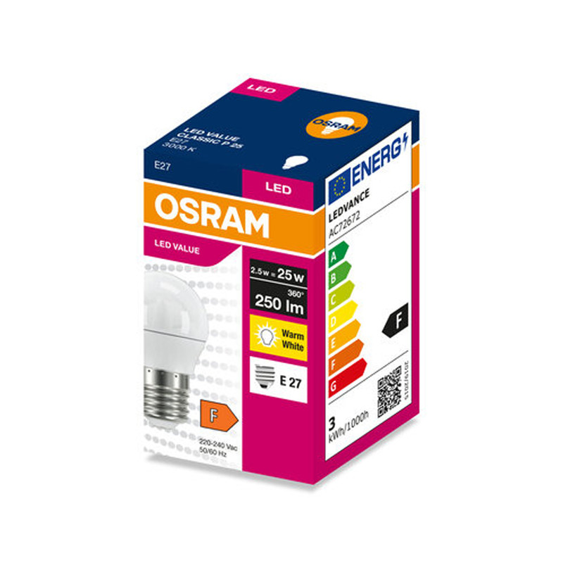 Лампа світлодіодна 2,5W 230V 250lm 3000K E27 45x77mm куля [4099854546662] LED VALUE CL P25 OSRAM