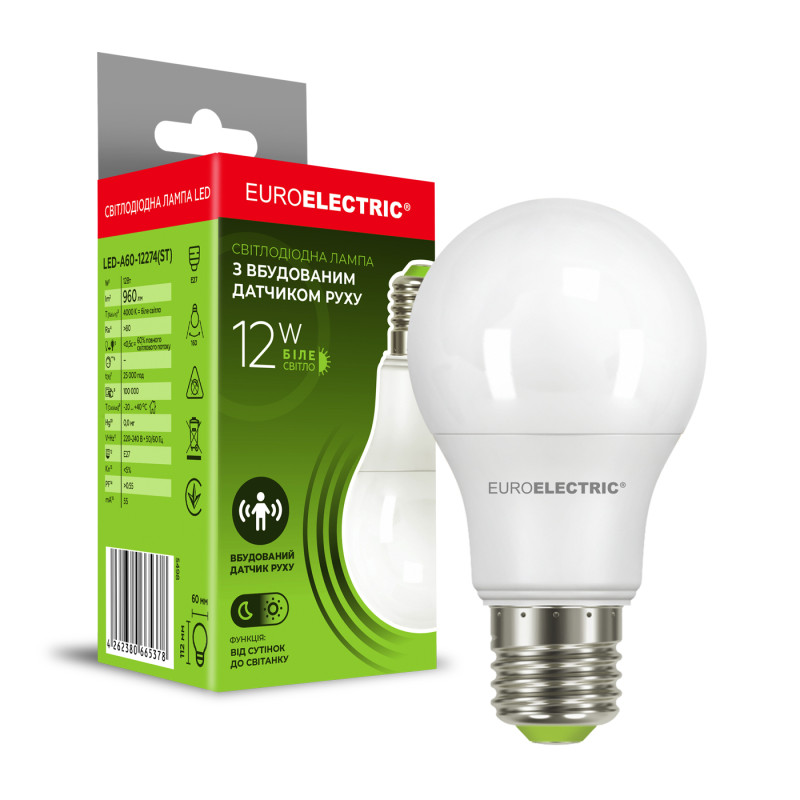 Лампа светодиодная 12W 220V 1000lm 4000K E27 60x112mm с датчиком движения груша [4262380665378] EUROELECTRIC LED-A60-12274(ST)