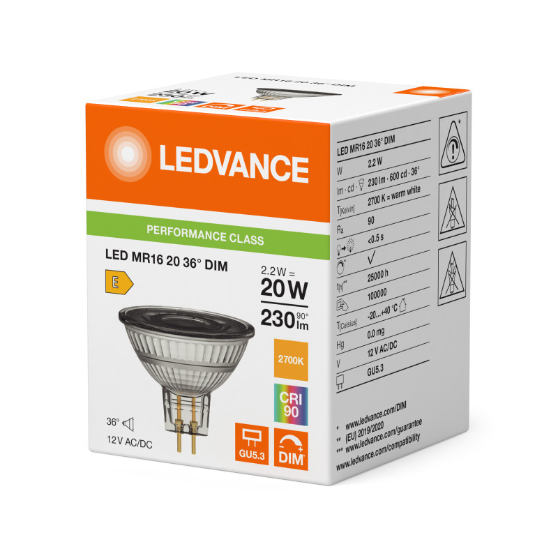 Лампа LED 2,2W 12V 230lm 2700K GU5.3 50x44mm DIM рефлекторная [4099854456510] Ledvance MR162036 P