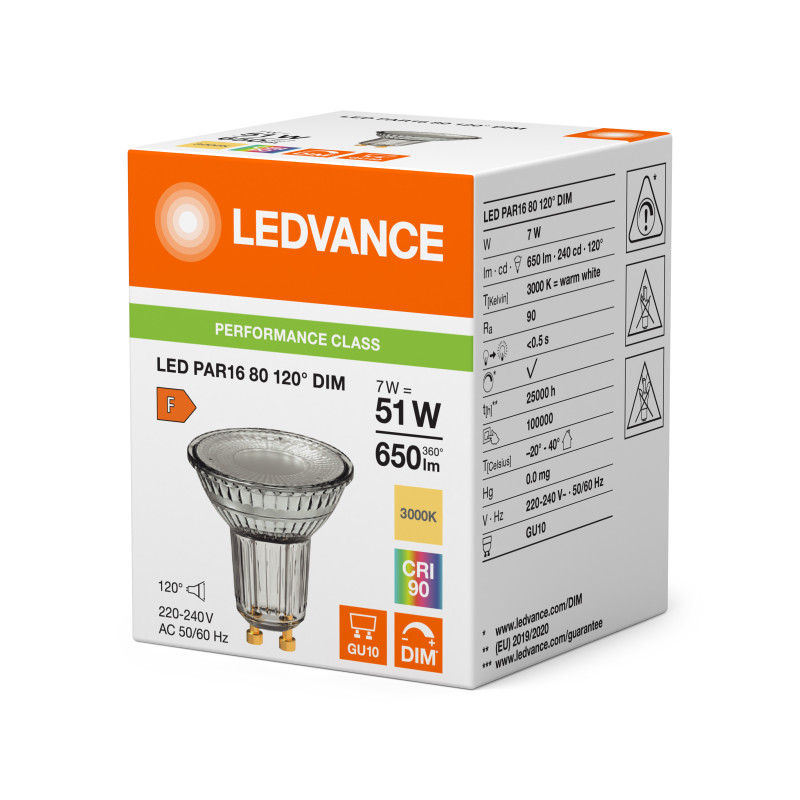 Лампа LED 7W 220V 650lm 4000K GU10 DIM 50x52mm рефлекторная [4099854241956] Ledvance PAR16