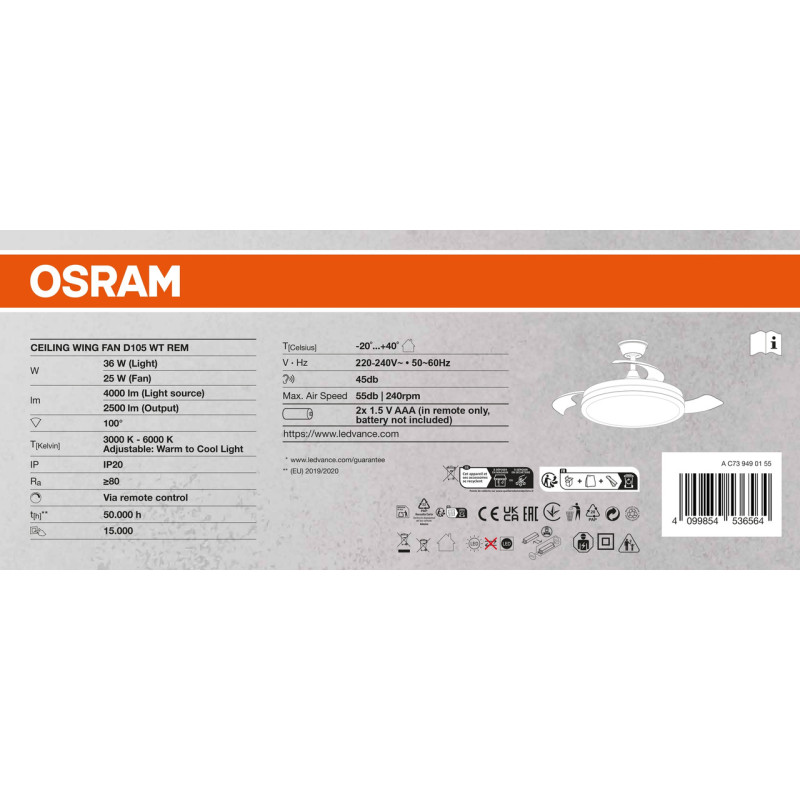 LED светильник потолочный с вентилятором 36W 230V 2500lm 3000-6500K IP20 ø480x360mm DIM пульт управления [4099854536564] Osram Ceiling Wing Fan WT