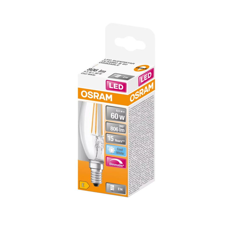 Лампа LED филаментная 6.5W 220V 806lm 4000K E14 DIM 35x100mm свеча [4058075750005] OSRAM CL B60 FIL