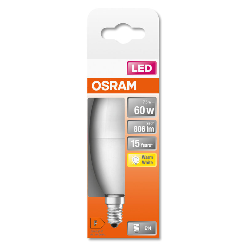 Лампа LED 7.5W 220V 806lm 2700K E14 39x115mm свечка [4058075428546] LED STAR CLASSIC B OSRAM