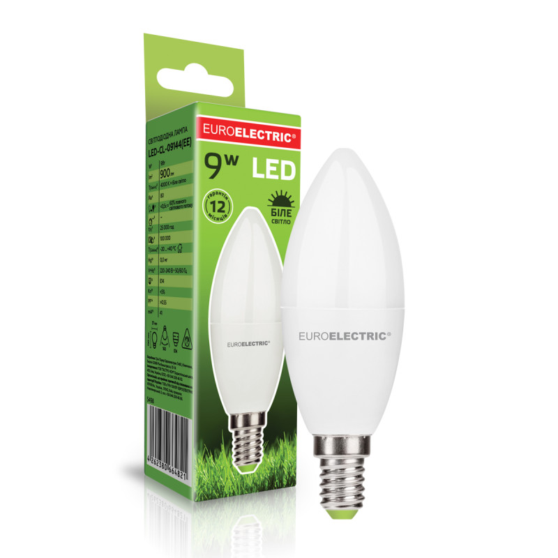 Лампа светодиодная 9W 220V 990lm 4000K E14 37x110mm свеча [4262380664821] EUROELECTRIC LED-CL-09144(EE)