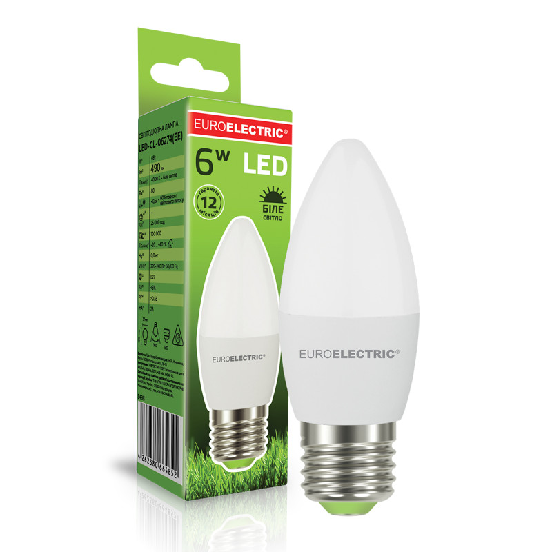 Лампа светодиодная 6W 220V 490lm 4000K E27 37x98mm свеча [4262380664852] EUROELECTRIC LED-CL-06274(EE)