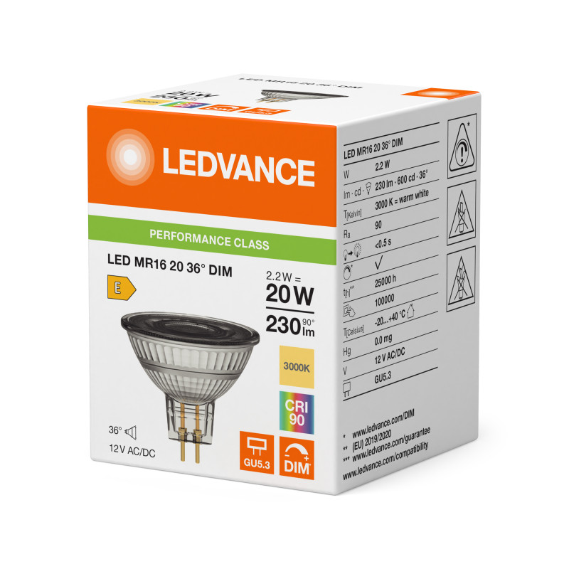 Лампа LED 2,2W 12V 230lm 3000K GU5.3 50x44mm DIM рефлекторная [4099854456534] Ledvance MR162036 P