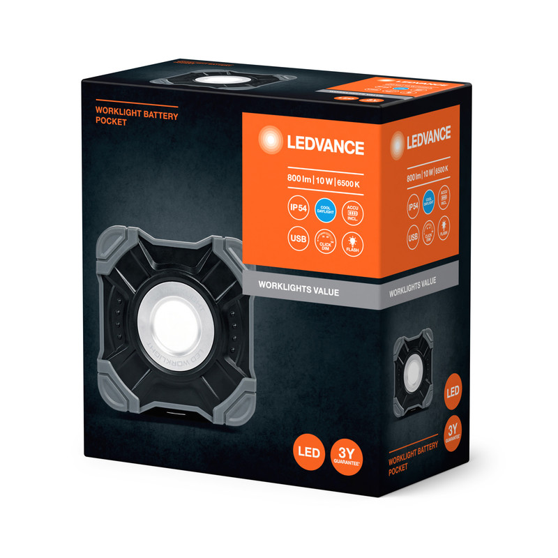 Прожектор LED 10W 5V 800lm 6500K IP54 DIM 100x45x100mm с аккумулятором [4058075831117] Ledvance Worklight Val Bat