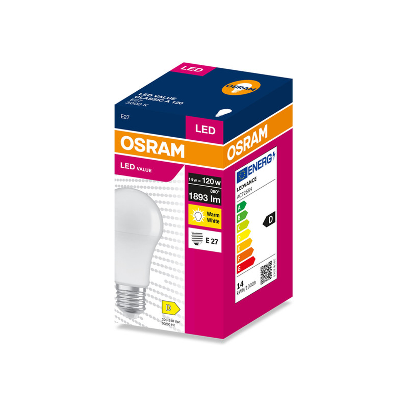 Лампа LED 14W 230V 1893lm 3000K E27 60x118mm груша [4099854546006] LED VALUE CL A120 OSRAM