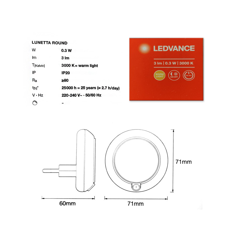 Ночник 0.30W 220V 3lm 3000K 71х60mm [4058075266827] Ledvance LUNETTA Round с датчиком освещенности в розетку