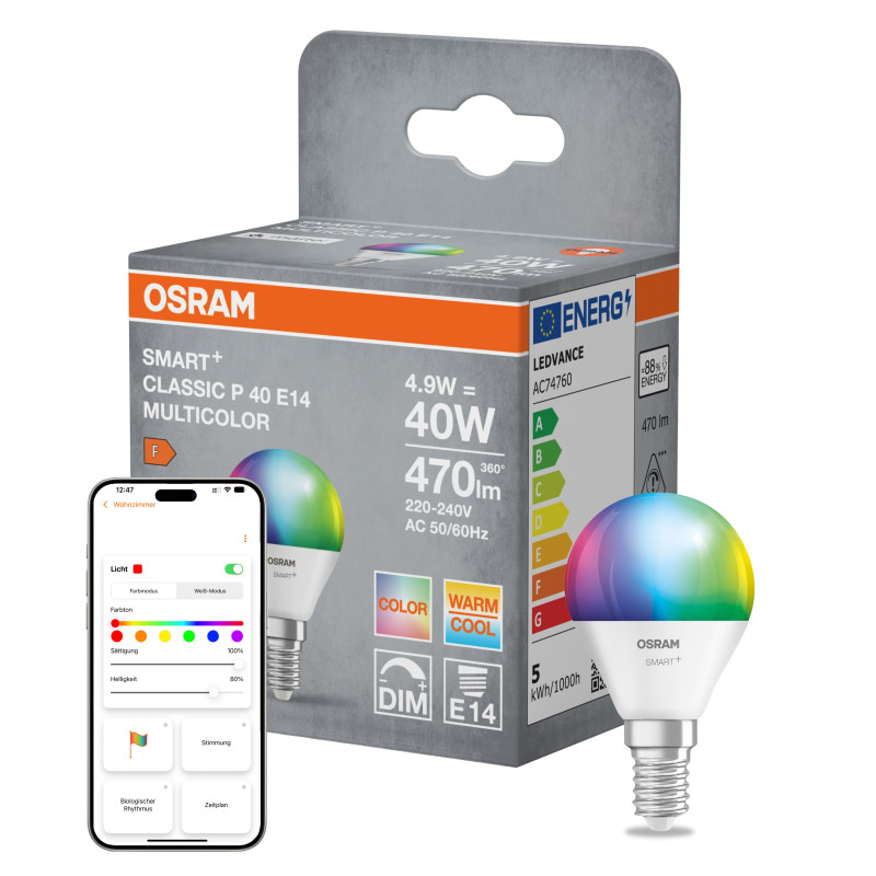 SMART WiFi RGBW Лампа LED 4,9W 230V 470lm 2700-6500K E14 DIM 47x92mm [4099854461385] P40 OSRAM