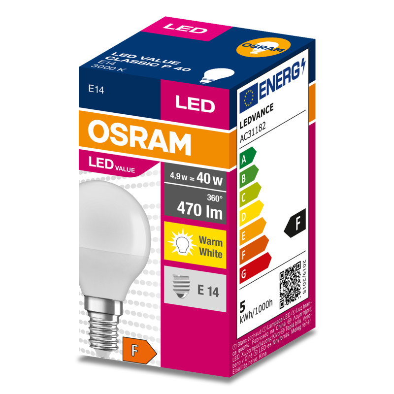 Лампа светодиодная 4,9W 230V 470lm 3000K E14 45x82mm шар [4058075630376] LED VALUE CL P40 OSRAM