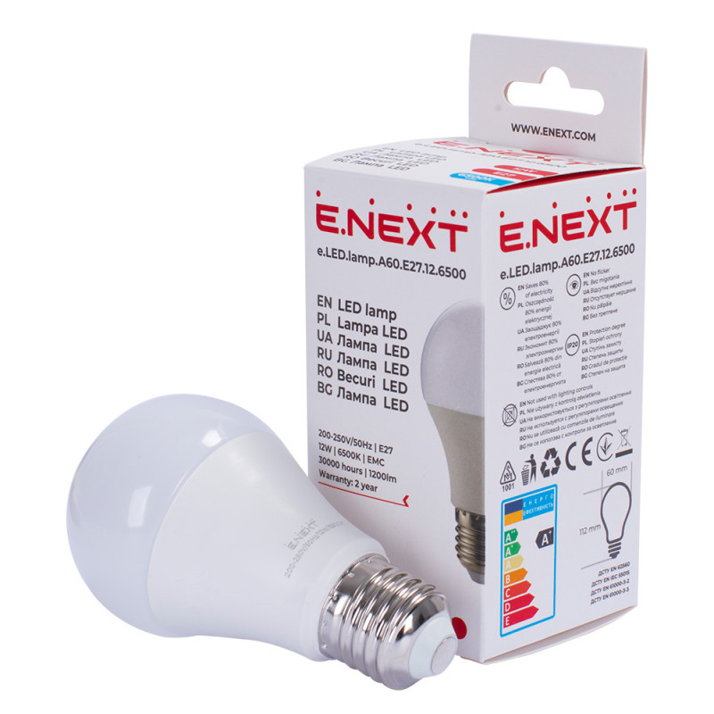Лампа LED 12W 220V 1200lm 6500K E27 60x112mm груша [l0650626] E.NEXT e.LED.lamp.A60.E27.12.6500