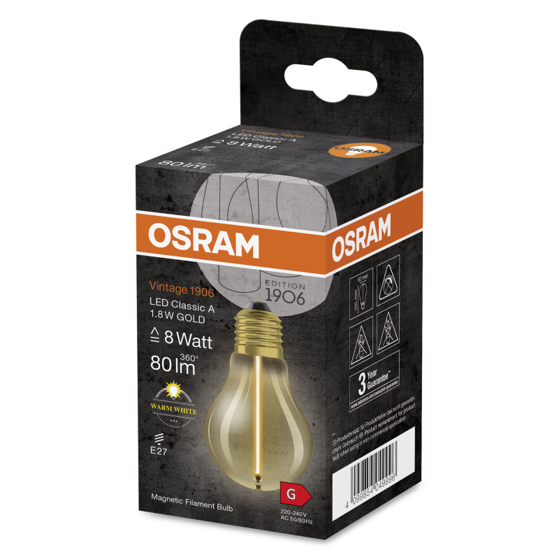 Лампа світлодіодна 1.8W 220V 80lm 2700K E27 60x105mm філаментна [4099854049996] OSRAM Vintage 1906 LED CLASSIC A