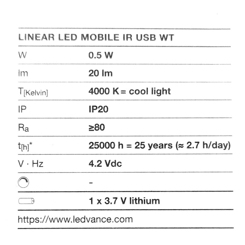 Светильник 0.5W 3.7-5V 20lm 4000K 330-500mAh 116х44х11mm [4099854536601] OSRAM LINEARLED MOBILE IR