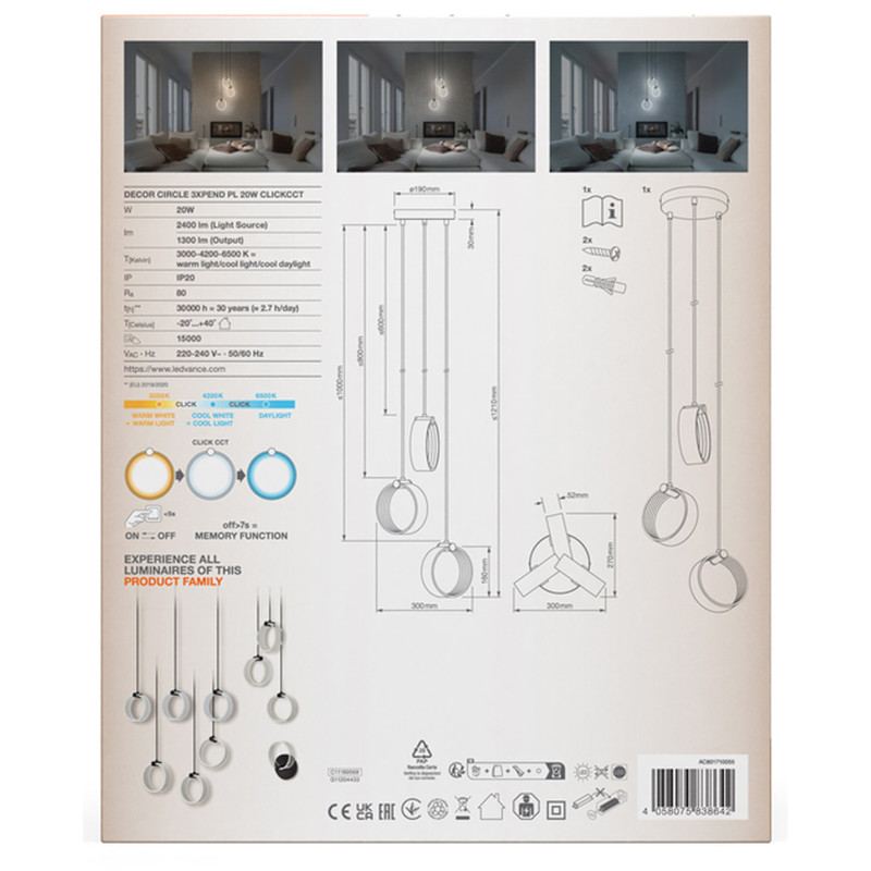 LED Светильник подвесной 20W 230V 2400lm 3000-6500K IP20 300x190x1210mm [4058075838642] Ledvance Décor Circle
