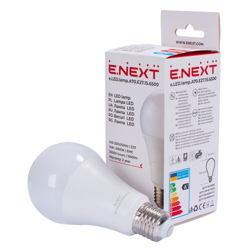Лампа LED 15W 220V 1500lm 6500K E27 70x122mm груша [l0650627] E.NEXT e.LED.lamp.A70.E27.15.6500
