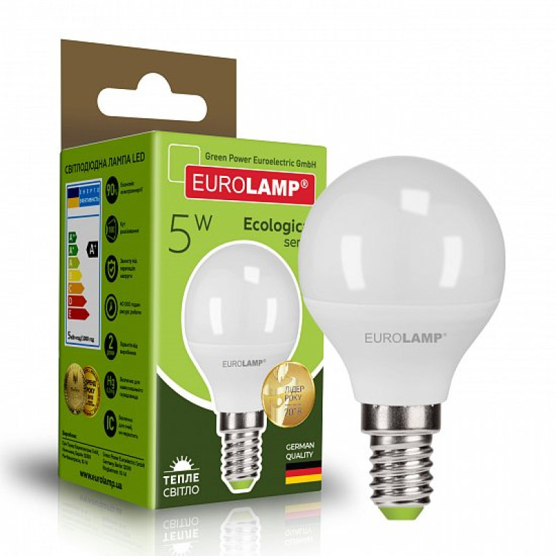 Лампа светодиодная 5W 220V 480lm 3000K Е14 45х78mm шар [4260484996602] LED-G45-05143(P) EUROLAMP