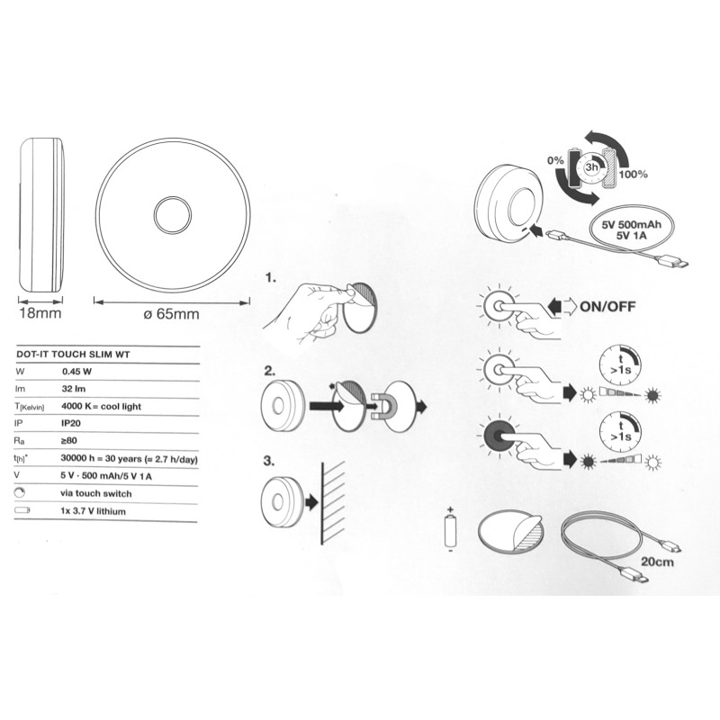 Нічник 0.45W 5V 32lm 4000K 65x18mm [4058075399686] Ledvance DOT-it Touch на акумуляторі DIM