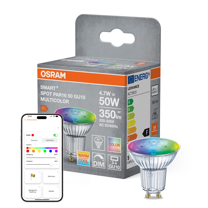 SMART WiFi RGBW Лампа LED 4,7W 230V 350lm 2700-6500K GU10 DIM 50x54mm [4099854462191] PAR16 OSRAM